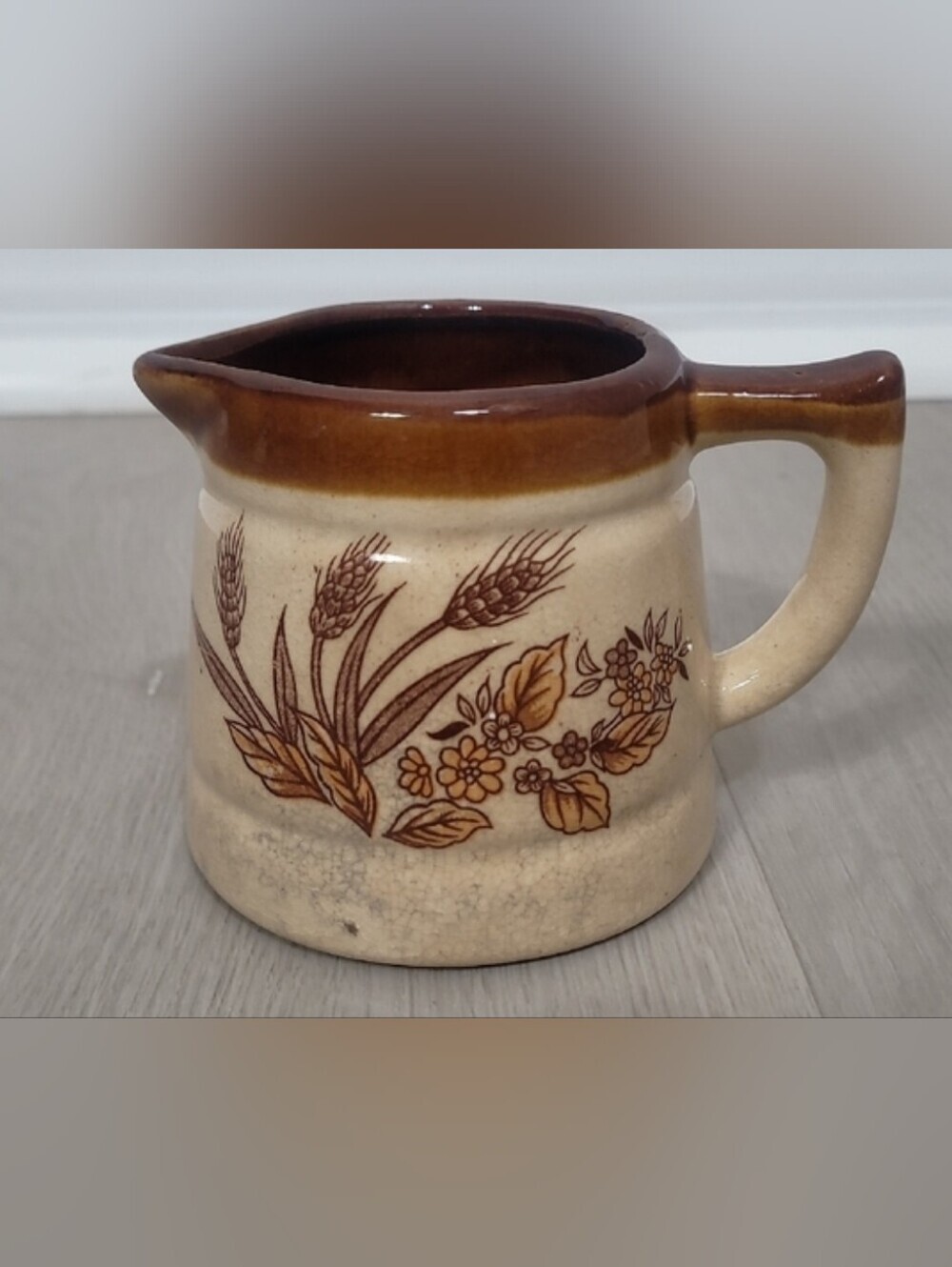 Vintage Japan Wheat Ceramic Creamer Pitcher Brown Drip Glaze 1970s Stoneware